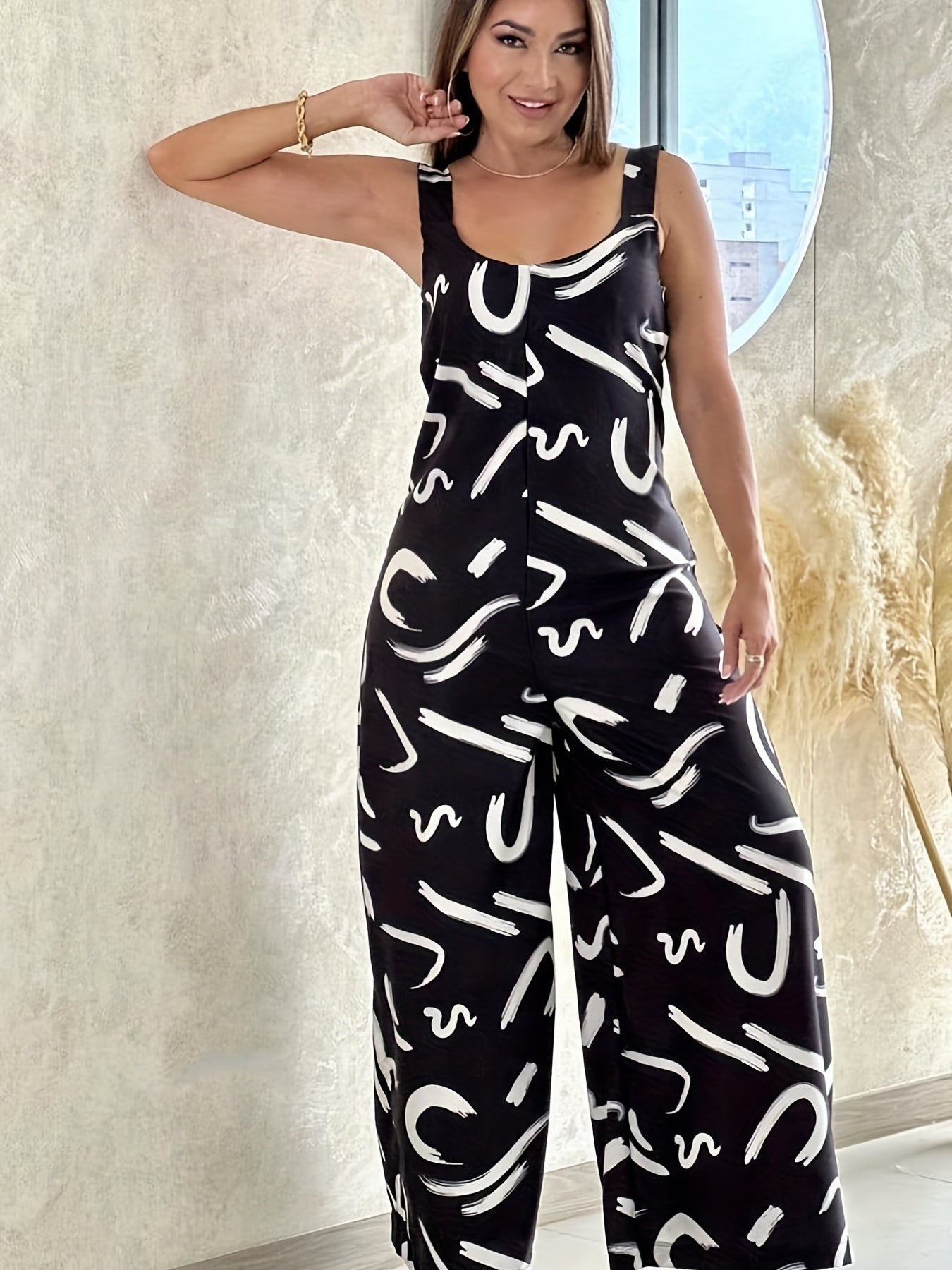 Abstract Print Scoop Neck Jumpsuit Wide Leg Women's Clothing
