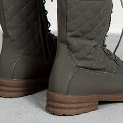 Women's Quilted Mid Calf Boots Lace Up & Side Zipper Round Toe Shoes