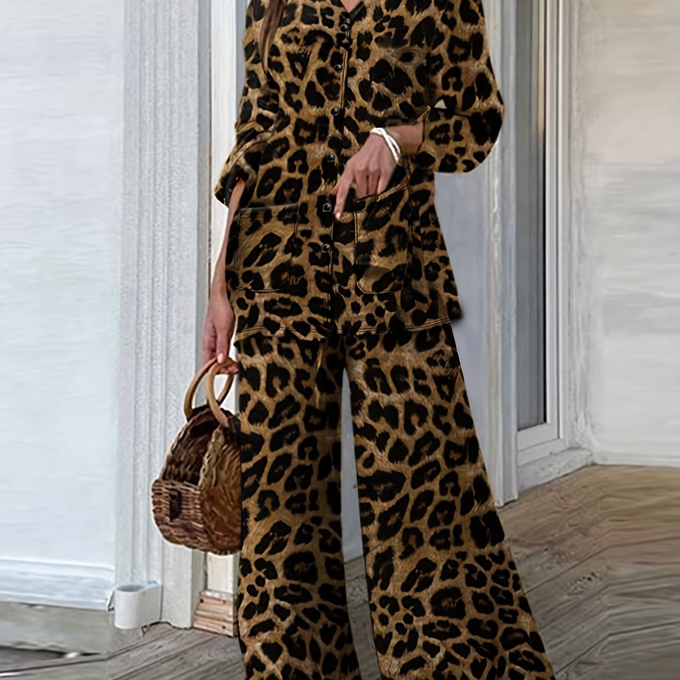 Leopard Print Button Up Blouse & Wide Leg Pants Set