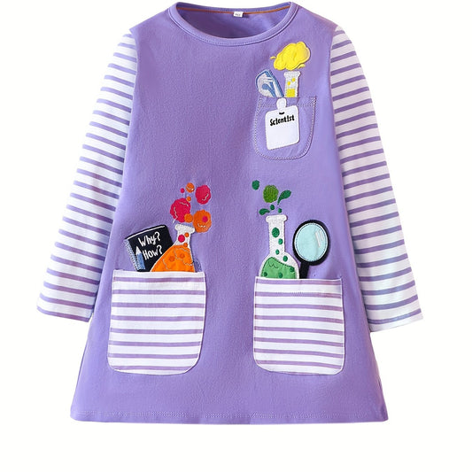Girls Cotton Long Sleeve Dress Striped Print Patchwork Kids Clothes