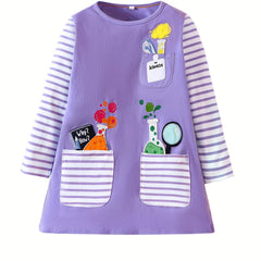 Girls Cotton Long Sleeve Dress Striped Print Patchwork Kids Clothes