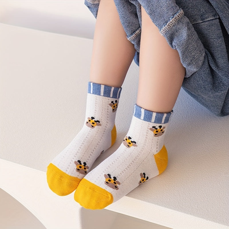 5 Pairs Boys Cartoon Giraffe Print Knit Socks Thin Breathable Crew Socks