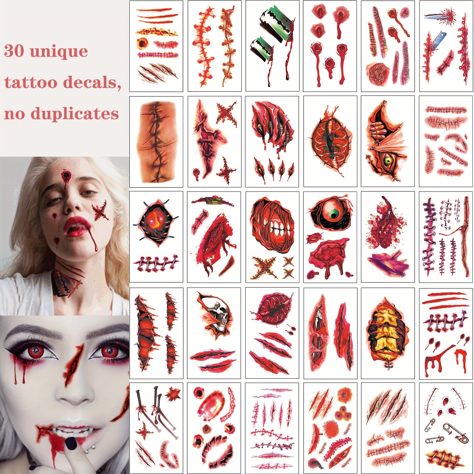 30pcs Realistic Tattoo Stickers, Surgical Needle Scars, Bruises, Waterproof