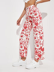 Heart Pattern High Waist Wide Leg Jeans Loose Fit Denim Pants