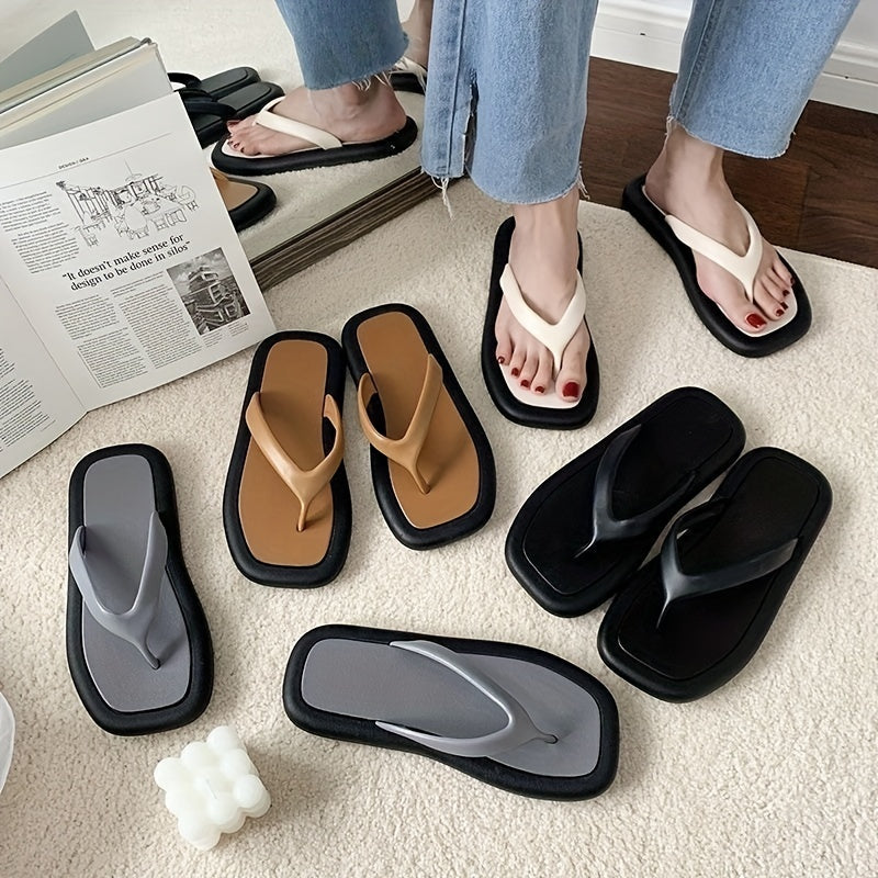 Women's Square Toe Flat Flip Flops Non Slip Indoor Outdoor Slides
