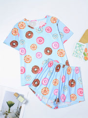 Donut Print Pajamas Set Short Sleeve Crew Neck Top & Shorts Women's Sleepwear
