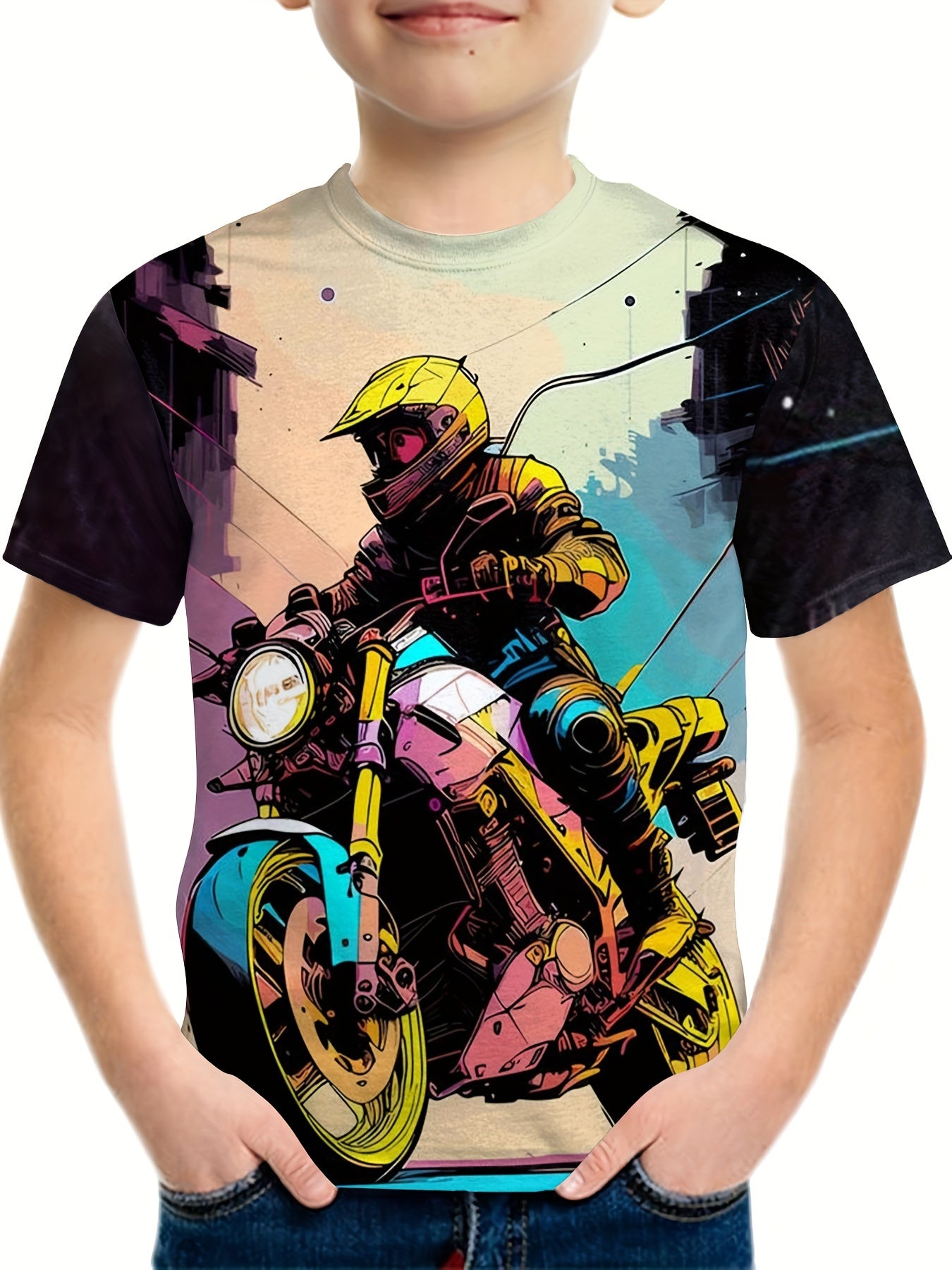 Motorcycle Rider Graffiti Print Tee Boys Short Sleeve T-shirt