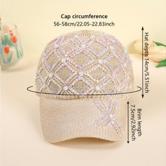 Beige Knit Baseball Cap with Faux Pearl Rhinestone Decor