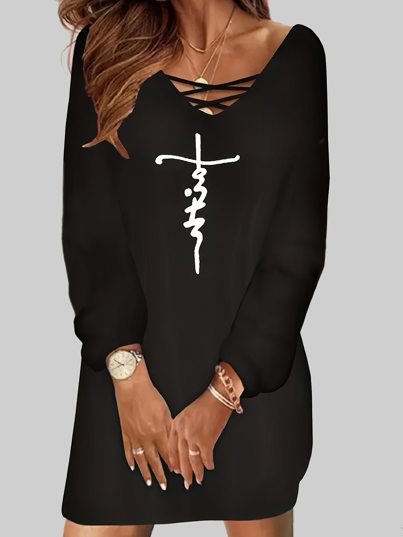 Casual Dress Cross Letter Print Lantern Sleeve Tee Dress