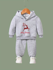 Girls Christmas Elk Hooded Sweatshirt & Sweatpants Set, Kids Clothes