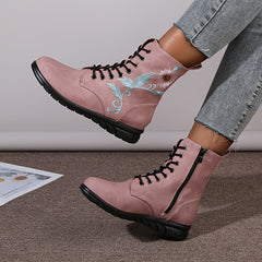 Floral Print Ankle Boots Flat Lace Zipper Combat Solid Shoes