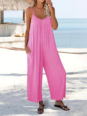 Boho Solid Loose Cami Jumpsuit Casual Crew Neck Wide Leg Mini Strap Jumpsuit