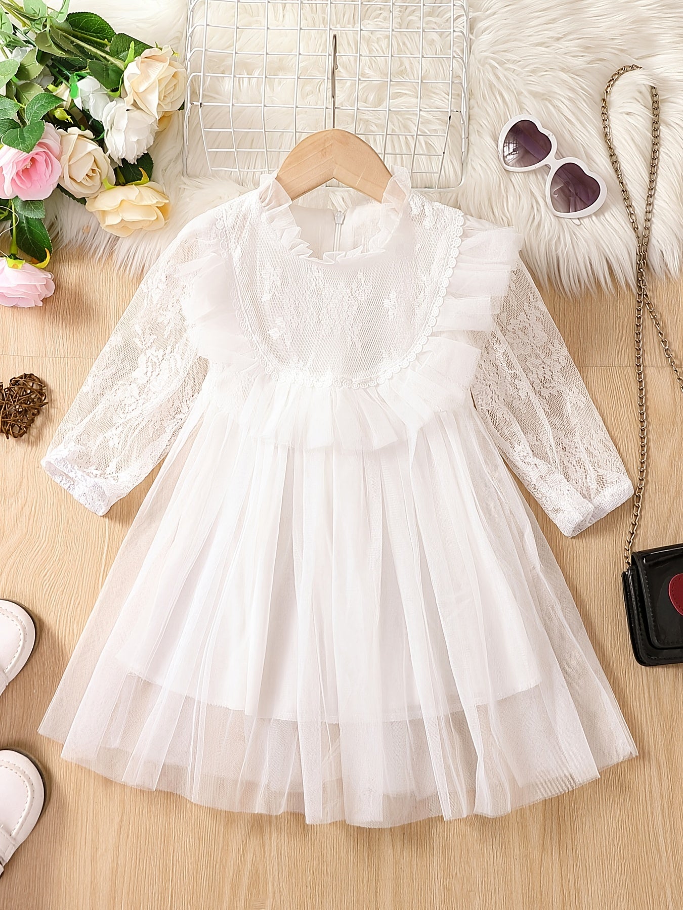Lace Princess Dress For Toddler Girls Ruffle Collar Mesh Long Sleeve