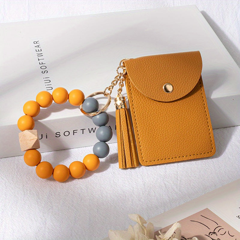 Silicone Bead Bracelet Keychain Wallet Tassel Coin Purse for Women