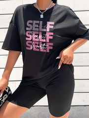 2pc Summer Casual Sports Letter T-Shirt & Solid Shorts Activewear Set