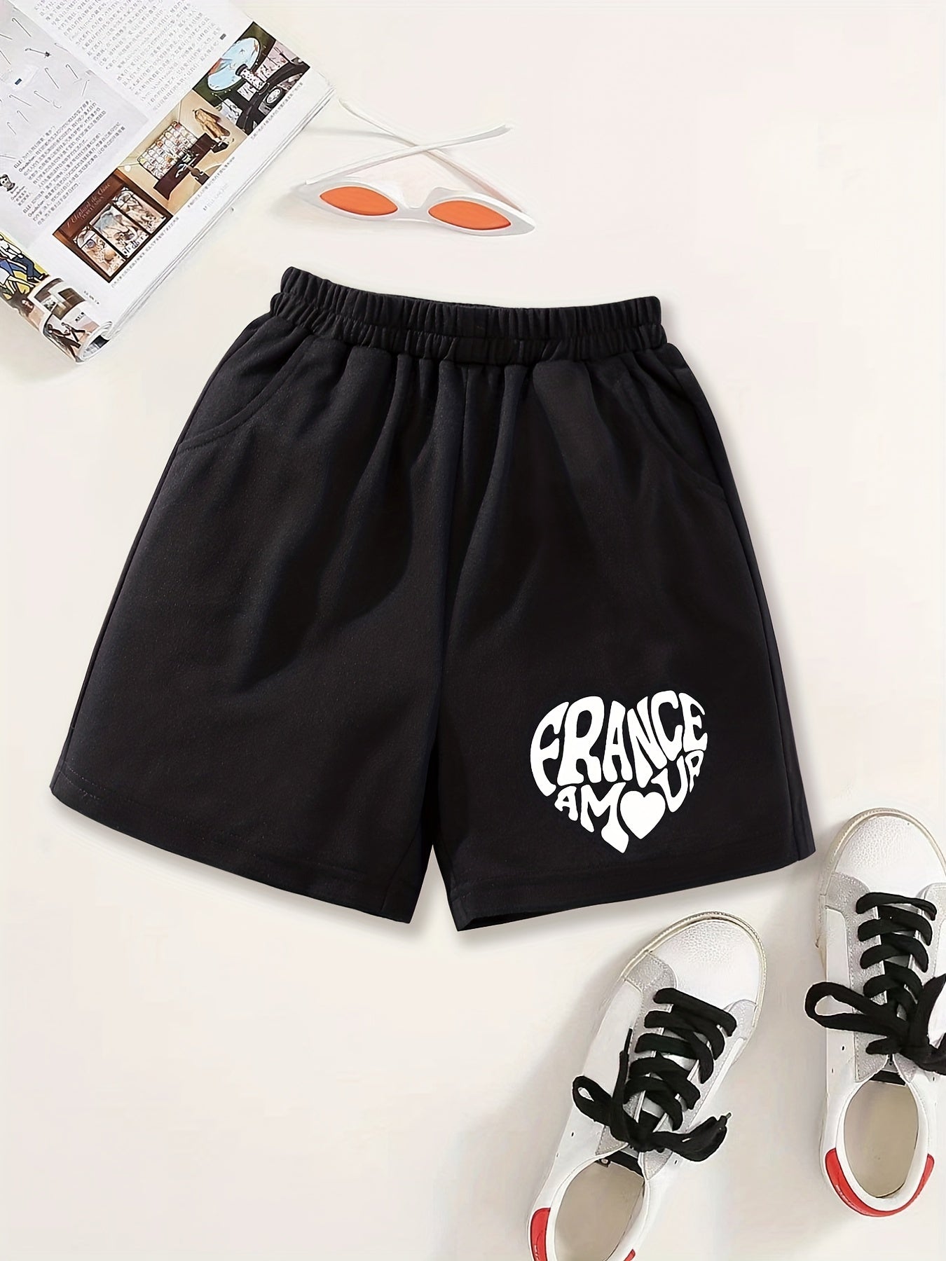 Girls Heart Print Casual Sweat Shorts Elastic Waist Work Out Shorts