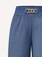 Casual Pants Women's Plus Chain Decor Waist Band High Rise Ruched Wide