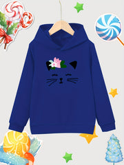 Cat Print Girls Cotton Pullover Hooded Sweatshirt for Autumn Winter