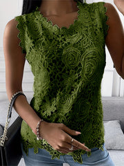 Lace Contrast Tank Top Sleeveless Crew Neck Casual Tops Women's