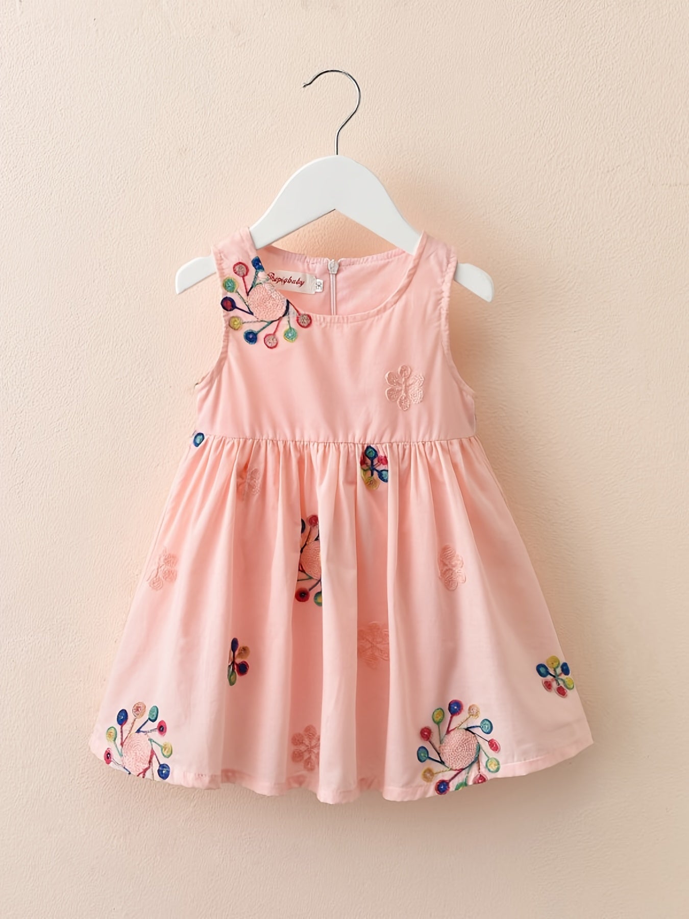Girls Sleeveless Dress with Flower Embroidery Print