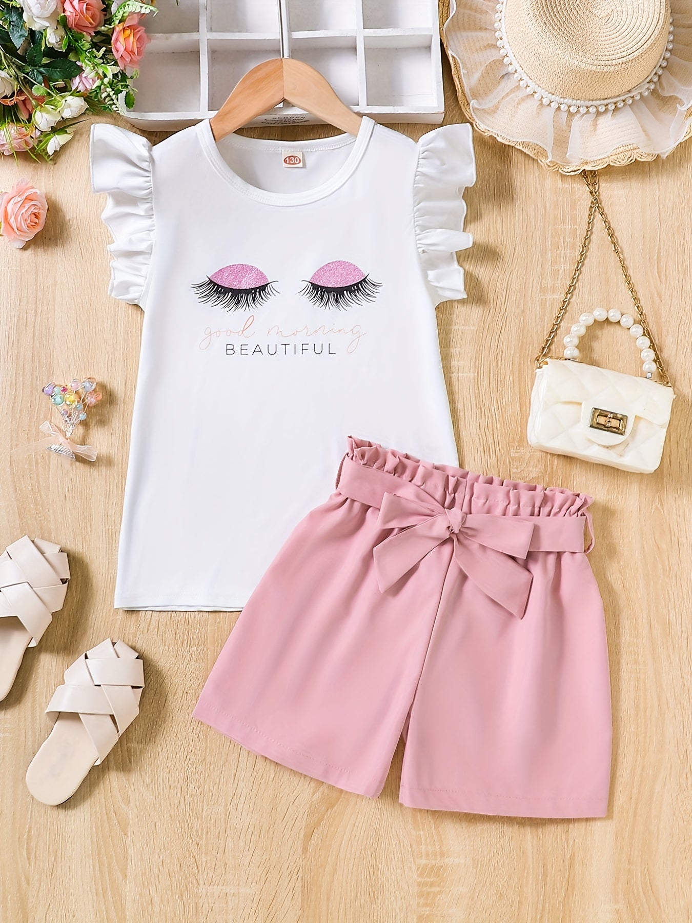 2pcs Girls Eyelash Ruffle Sleeves Top & Shorts Set Kids Summer Clothes