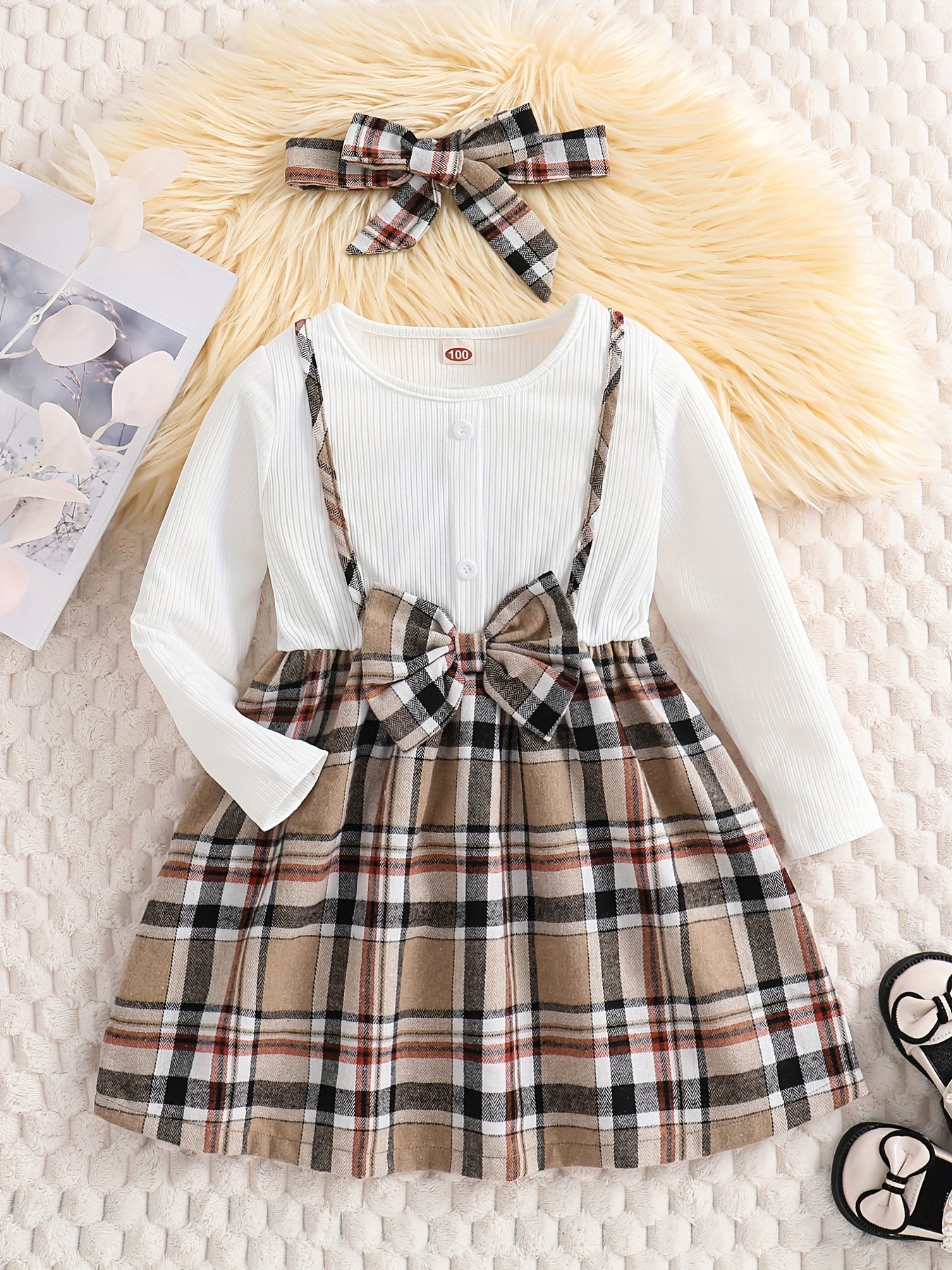 Girls' Preppy Plaid Dress and Headband Set for Party