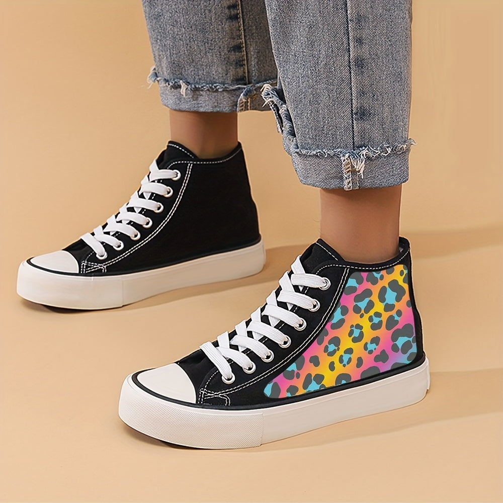 Leopard Print Chunky Canvas Sneakers High Top Non Slip Skate Shoes