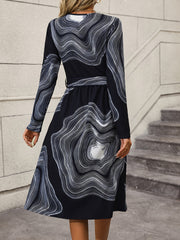 Graphic Print Crew Neck Belted Dress Long Sleeve Dress