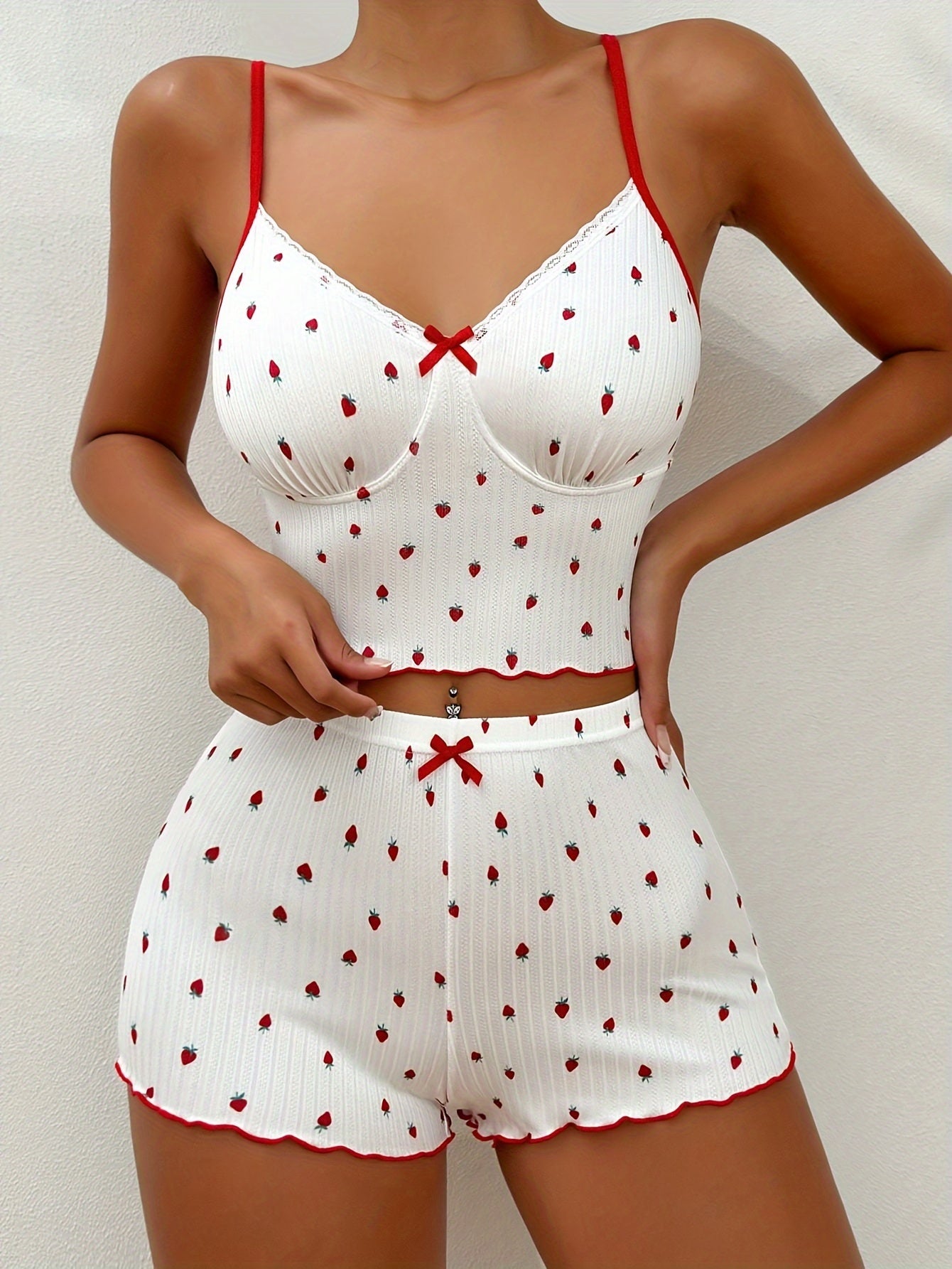 Strawberry Print Pajama Set V Neck Cami Top & Shorts