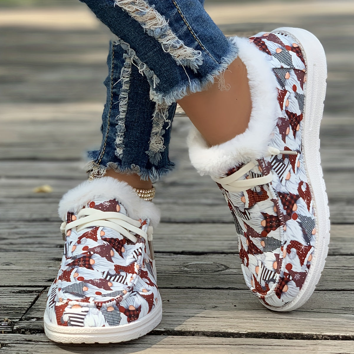 Women's Christmas Santa Print Snow Boots Plush Comfort Winter Lace up Flats
