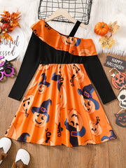 Cartoon Pumpkin Print One Shoulder Halloween Dress