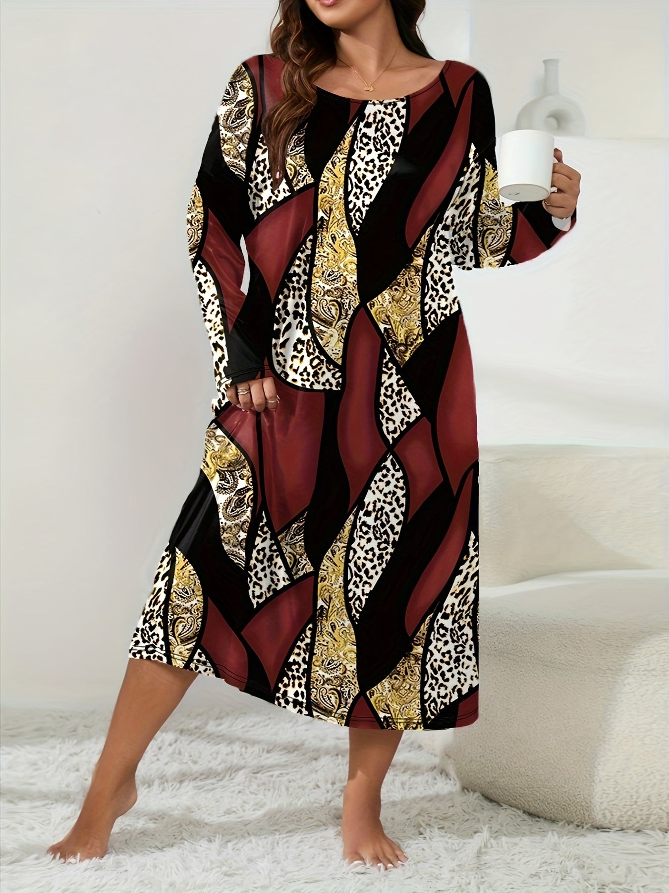 Retro Loungewear Dress Women's Plus Leopard & Paisley Print