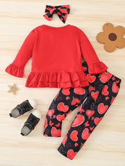 3pcs Girls Happy Long Sleeve T Shirt Top And Heart Print Pants Set