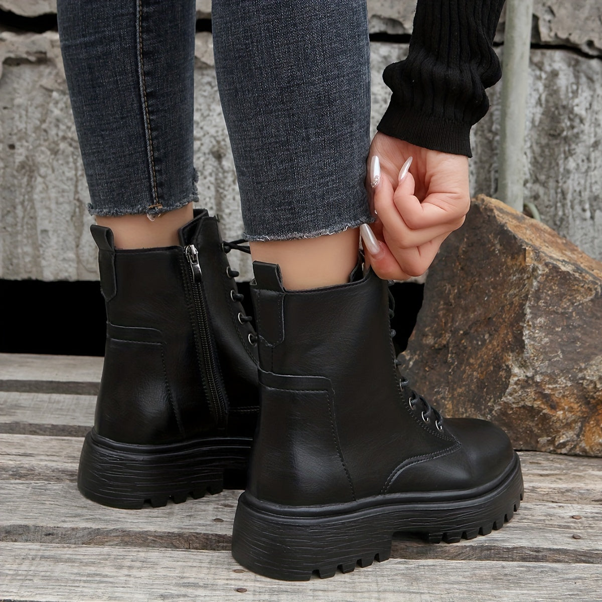 Women's Lace Up Short Boots Side Zipper Solid Casual Shoes