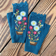 Hand Knit Fingerless Embroidery Floral Winter Woolen Gloves