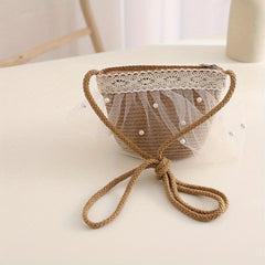 Girls Lace Mesh Pearl Straw Hat & Crossbody Bag Set for Beach Party Gift