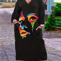 Women's Abstract Face Print Long Sleeve V Neck Dress