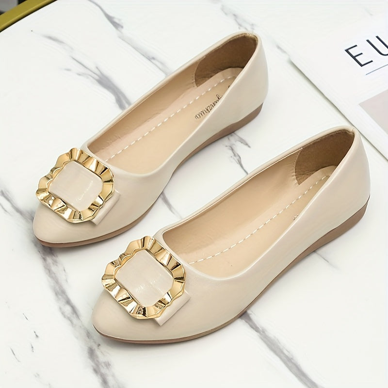 Women's Pointed Toe Metallic Square Buckle Flat Shoes Soft Sole Slip On Flats