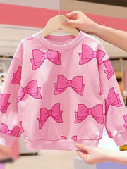 Girls Bow Print Crew Neck Sweatshirt Long Sleeve Pullover Top