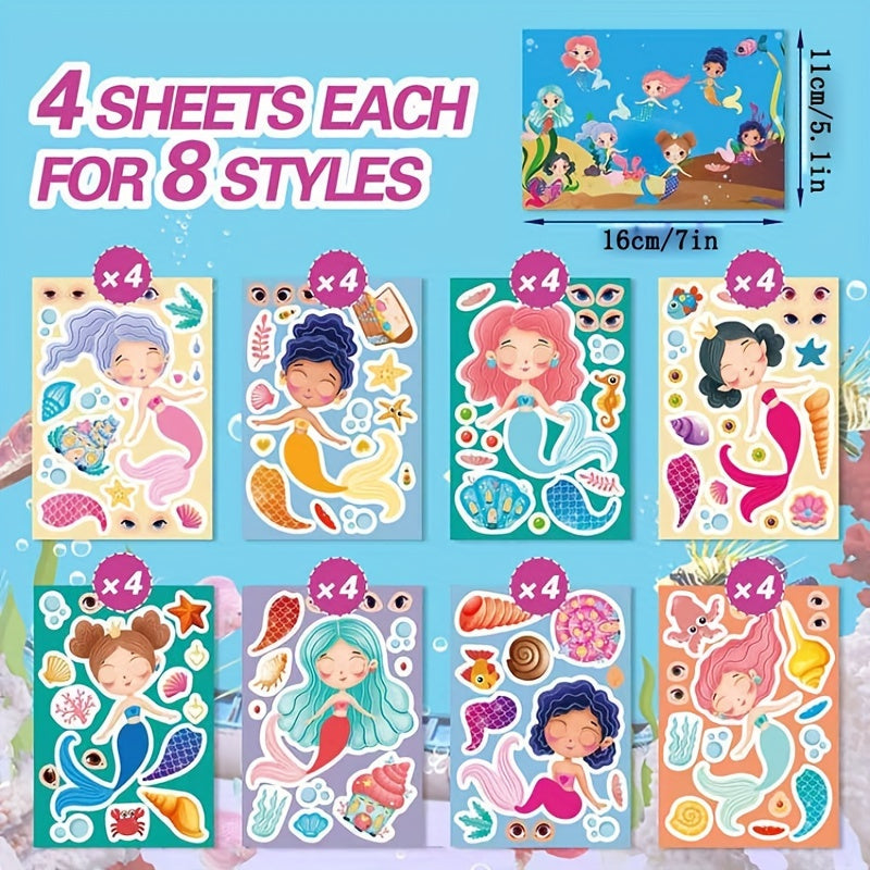 Mermaid Sticker Set for Kids - 32 Sheets Mermaid Princess Face Stickers