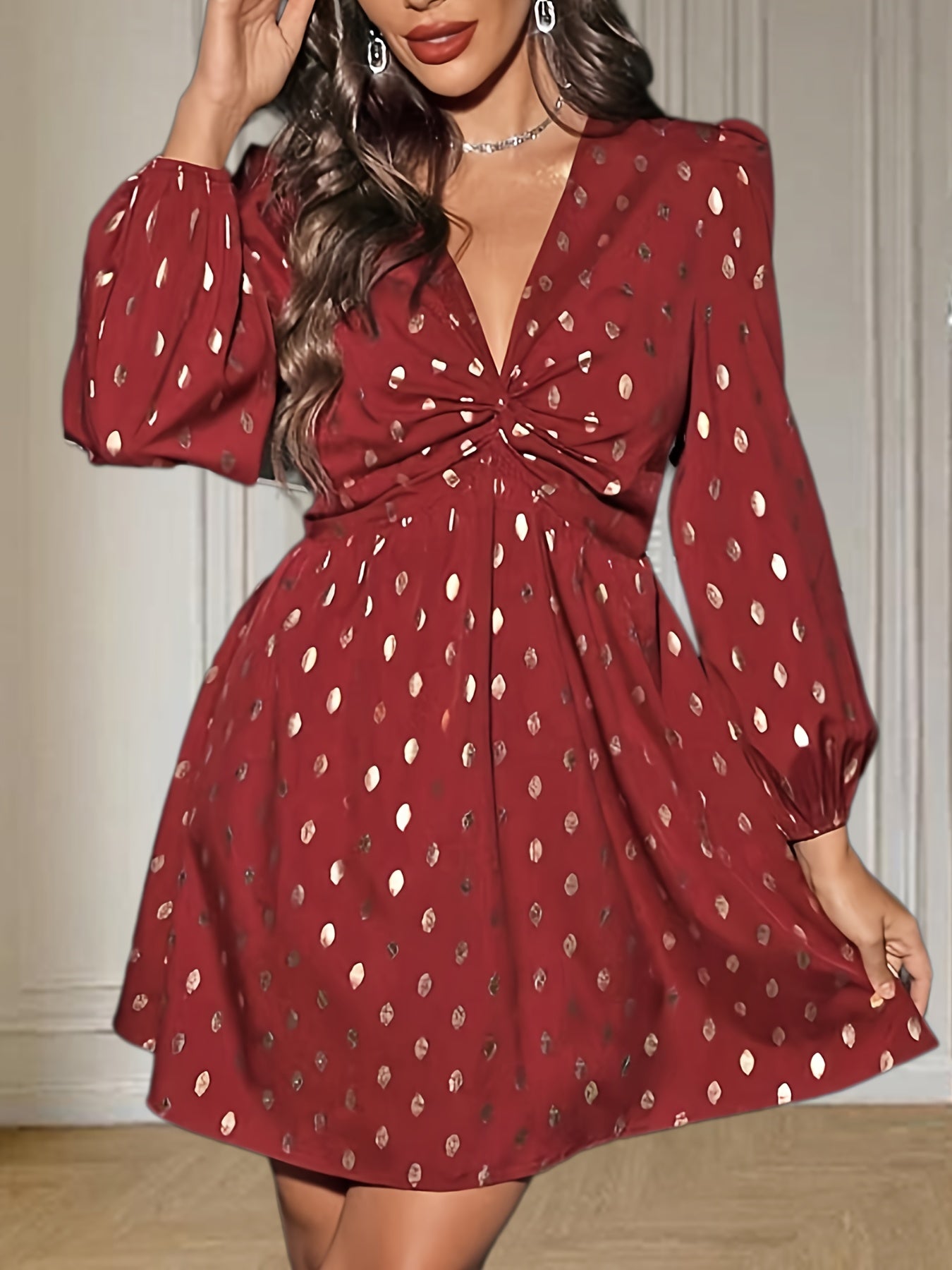 Graphic Print Twist Front Dress Casual V Neck Long Sleeve Dress