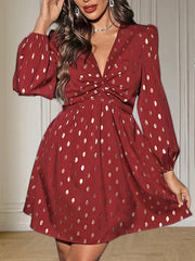 Graphic Print Twist Front Dress Casual V Neck Long Sleeve Dress