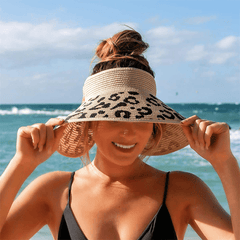 Leopard Bow Sun Visor Hat For Women Girls Beach Lake Garden Travel Straw Hat