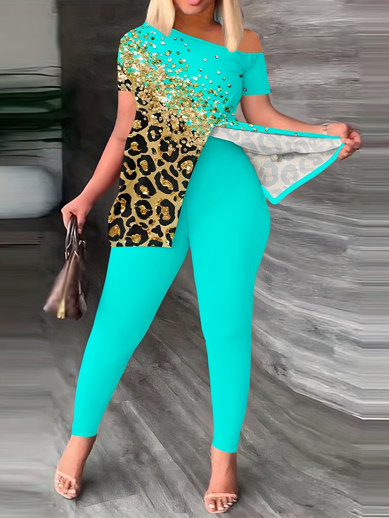 Leopard Print One Shoulder Top & Leggings Set