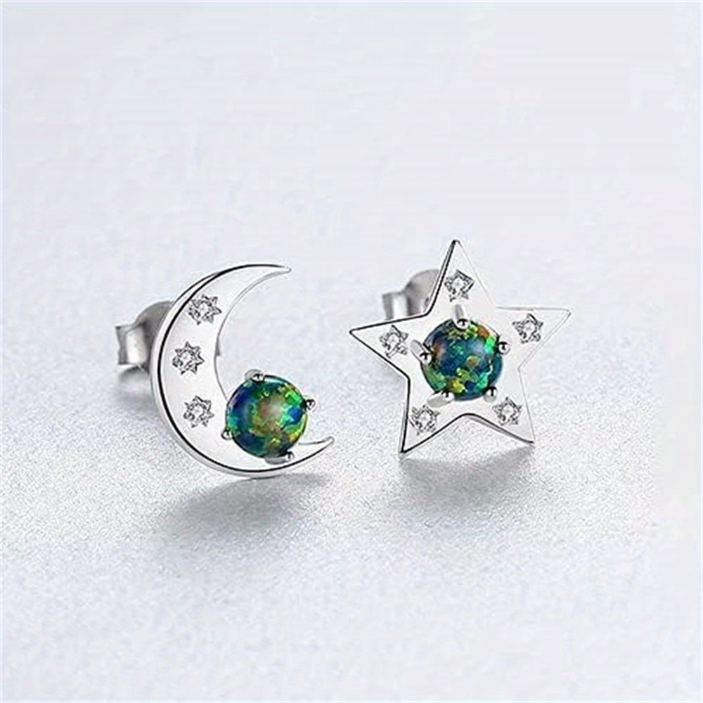 Girl's 925 Silver Star Moon Asymmetrical Stud Earrings