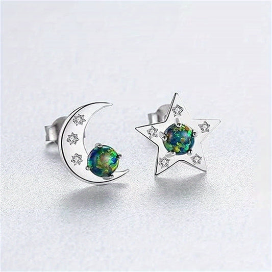 Girl's 925 Silver Star Moon Asymmetrical Stud Earrings
