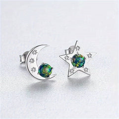 Girl's 925 Silver Star Moon Asymmetrical Stud Earrings