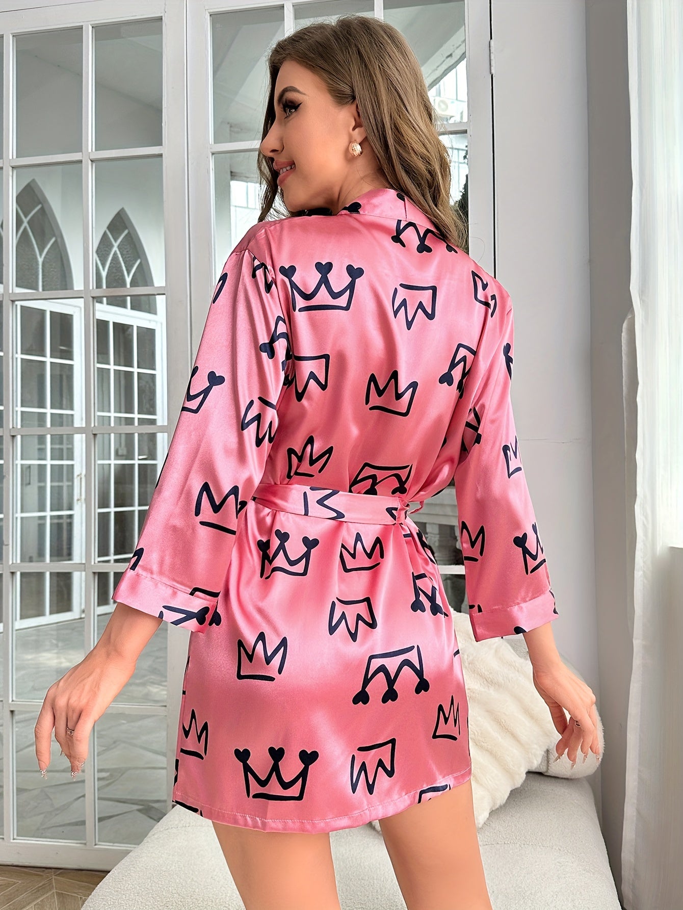 Heart Print Night Robe Long Sleeve V Neck Belt Women's Sleepwear