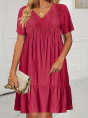 Solid Ribbed V Neck Smock Dress