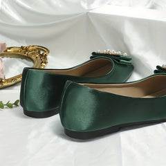 Faux Pearl Bow Ballet Flats Square Toe Slip On Satin Wedding Shoes